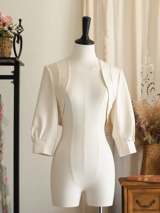 Sleeves Off Placket Top Open Elbow-length White