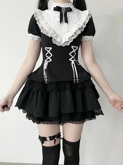 Kurze Rüschen Schwarze Ärmel Weißer Ausschnitt Gothic Kreuz Schnürung Charms Kleid Lolita