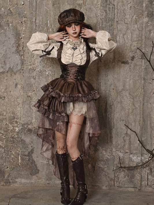 Brown Western Style Steampunk Asymmetrical Overall Dress with Detachable Train