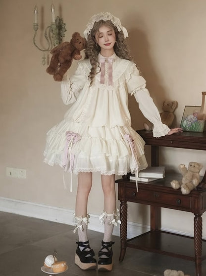 and Design Waist Pink Drawstring Fashion Belt Dress with Beige Lolita Versatile Bows