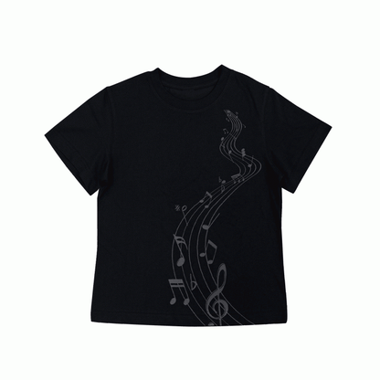 Schwarzes Baumwoll-T-Shirt mit Rundhalsausschnitt und Musiknoten-Print