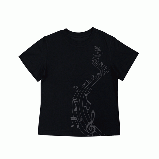 Schwarzes Baumwoll-T-Shirt mit Rundhalsausschnitt und Musiknoten-Print