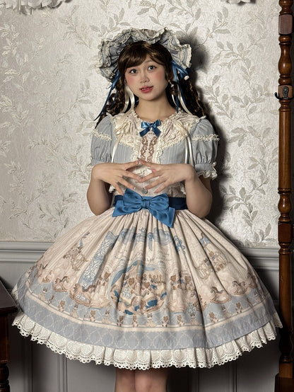 Print Round Blue Sweet Neck Dress Kitty OP Lolita Ruffle Teddy and