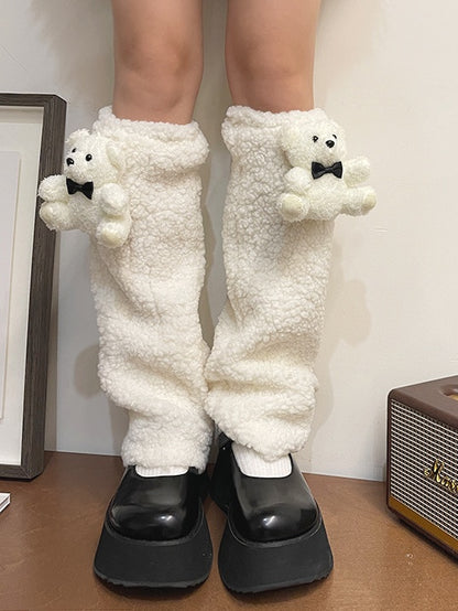 White Lolita Bear Doll Bowknot Leg Warmers