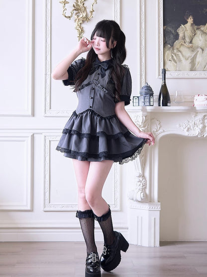 Shorts Gray and Faux Lace-Trimmed Two-Piece Style Jirai Striped Layered Dress Outfit: Kei