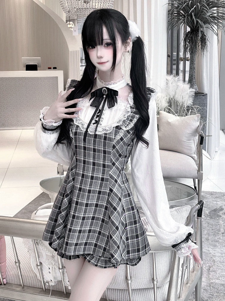 Sleeves Jirai Kei Black Illusion Neckline Flutter Plaid Set Lace Trim Mini Dress+Shorts White/Gray