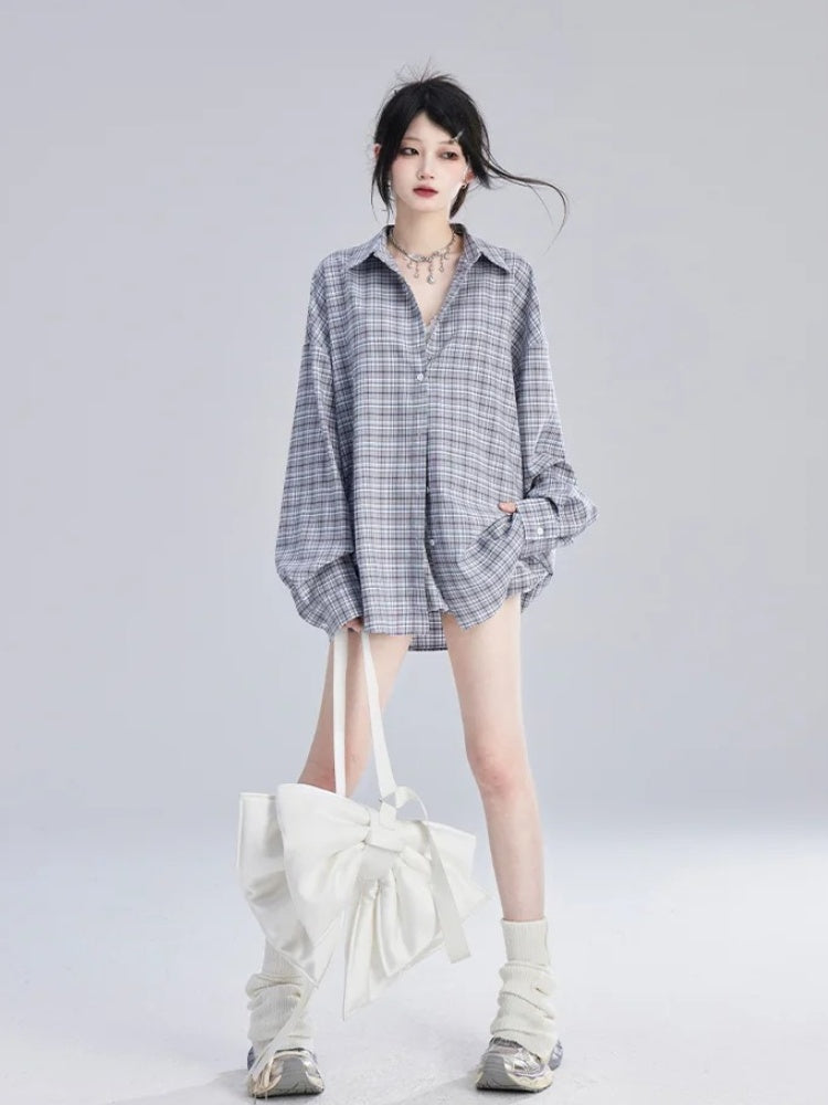 Loose Blue  White Plaid Vintage Shirt/Bubble Skirt