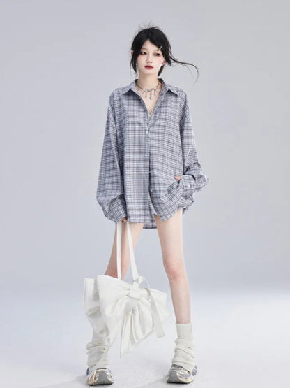 Loose Blue  White Plaid Vintage Shirt/Bubble Skirt