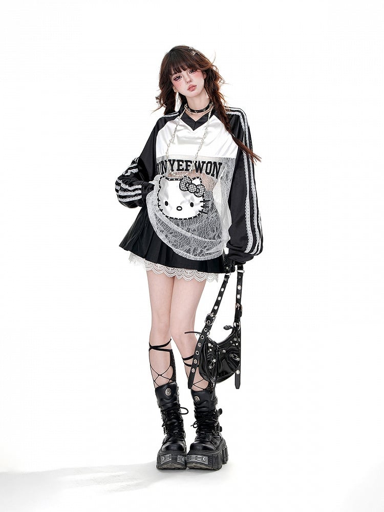 Kitty Pattern Contrast Lace Patches V-Neck Loose Sweatshirt