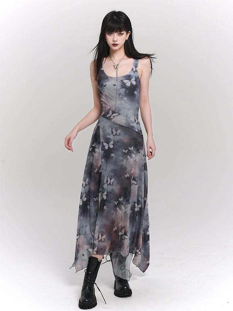 Robe sans manches à ourlet asymétrique et imprimé papillon bleu et violet