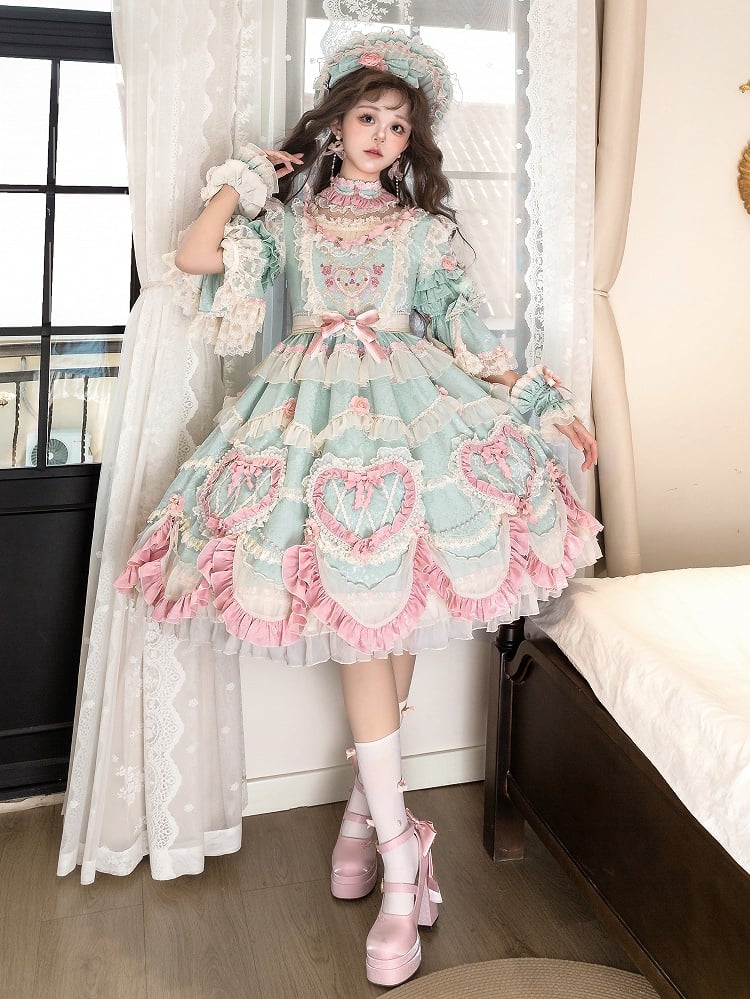 Mint Green Hanayome Rosette Floral And Bead Lolita Full Set