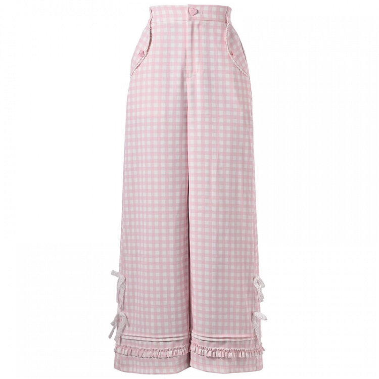 Pink Plaid High Waist Lace Bowknots Wide-Leg Pants Version Regular/Short