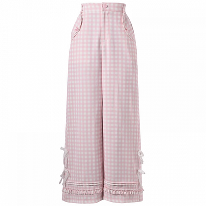 Pink Plaid High Waist Lace Bowknots Wide-Leg Pants Version Regular/Short