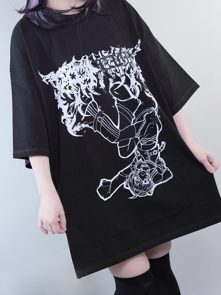 Cartoon Round T-shirt Neck Kei Girl Jirai Black Print