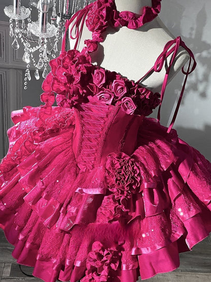 Barbie Boning Tiered Ruffle Roses Sequins Hot Pink Dress Goth Neckline Lolita