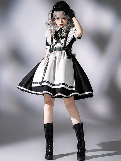 Dress Short Military Full Lolita Flutter Sleeves and Maid Apron Set Black
