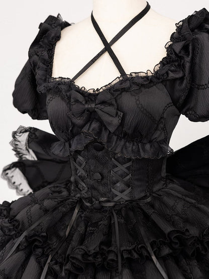 Black Princess Corset Waist Dress Ruffle Skirt