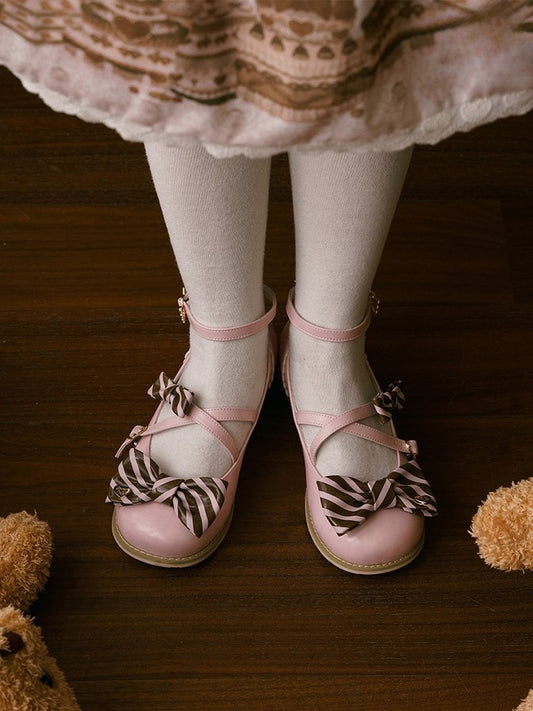 bei Bow Lolita Top Herz Schnallen Schuhe PinkBrown Muster Crisscross Design Gestreift