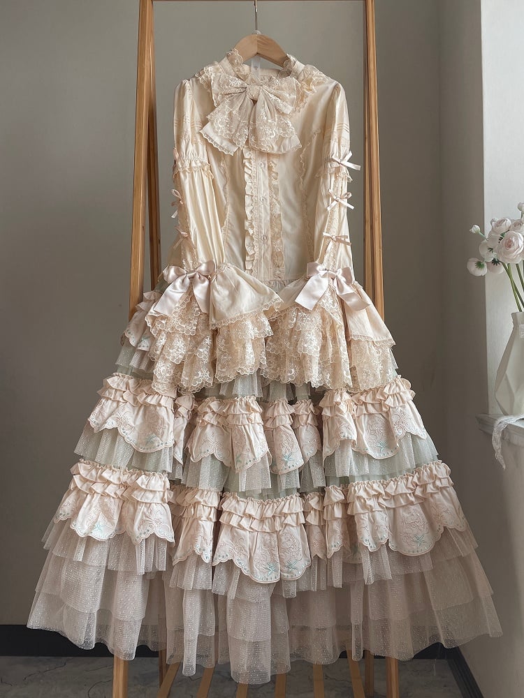 Green Bunny Layered Embroidered Scallop Trim Hem Lolita Skirt