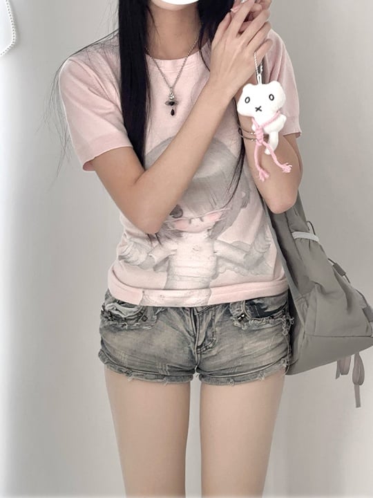 Neck BJD Doll Print Slim-fitting T-Shirt Pink Round