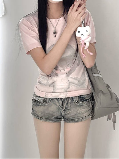 Neck BJD Doll Print Slim-fitting T-Shirt Pink Round