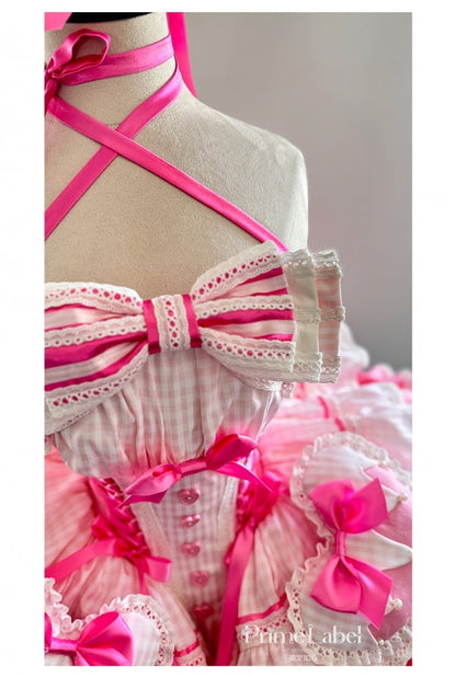 Pink Boned Basque Waist Puffy Dress with Bowknots and Big Padded Heart