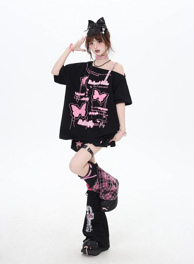 Asymmetrical Neckline Butterfly Print Heart Buckle Black/Pink T-Shirt Loose