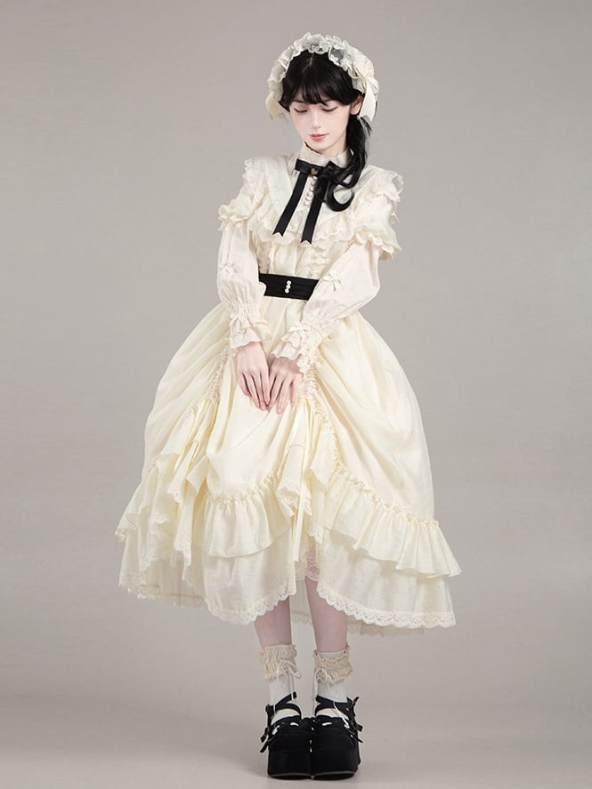 Bows Beige Fashion Drawstring Lolita Dress Black with Design Versatile and Waist Belt