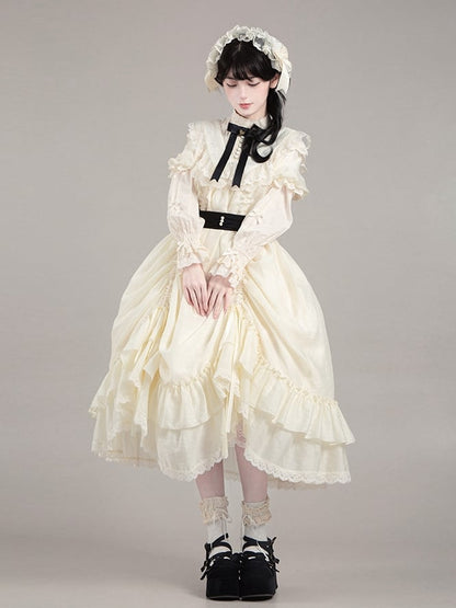 Bows Beige Fashion Drawstring Lolita Dress Black with Design Versatile and Waist Belt