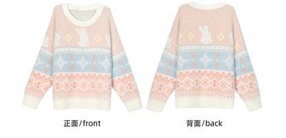 Pink Cute Bunnies Pattern Round Neck Soft Sweater