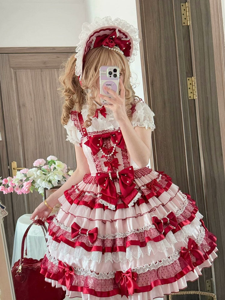 Robe Lolita Old School rose et rouge avec jupe à volants superposés et nœuds papillon