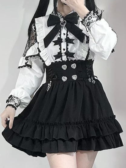 White Trim Jirai Rhinestone Details Kei Bowknot And Blouse Decorated Beaded Ruffles