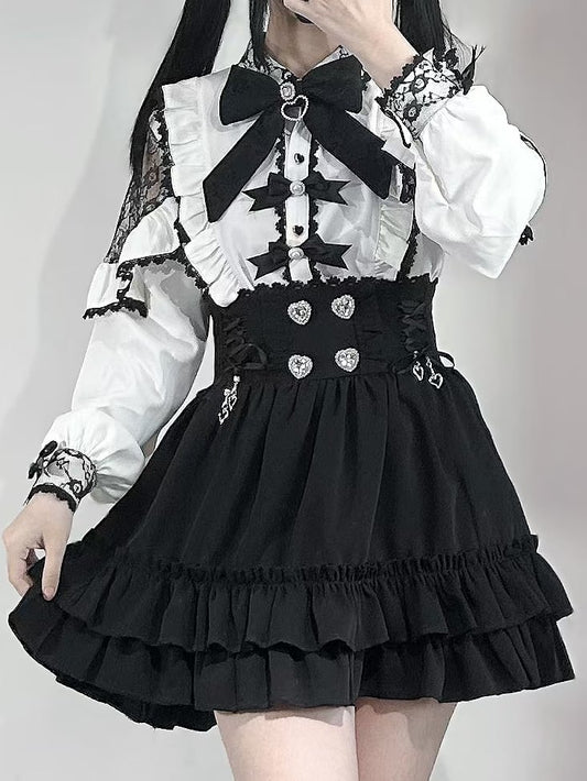 Weiße Borte, Jirai-Strassdetails, Kei-Schleife und Bluse mit Perlenrüschen verziert