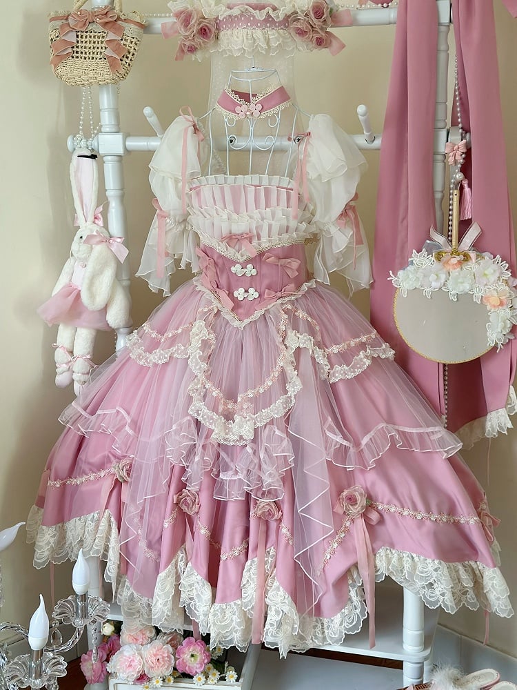Ensemble complet de nœuds de taille basque à fleurs roses Hanayome Lolita OP /