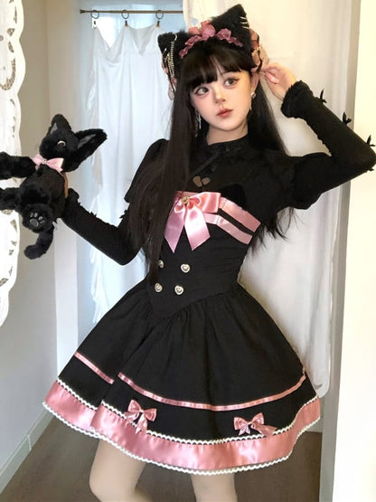 Black and Pink Cat Ears Bow Accents Basque Waist Sweet Dress Lolita Jumper Skirt