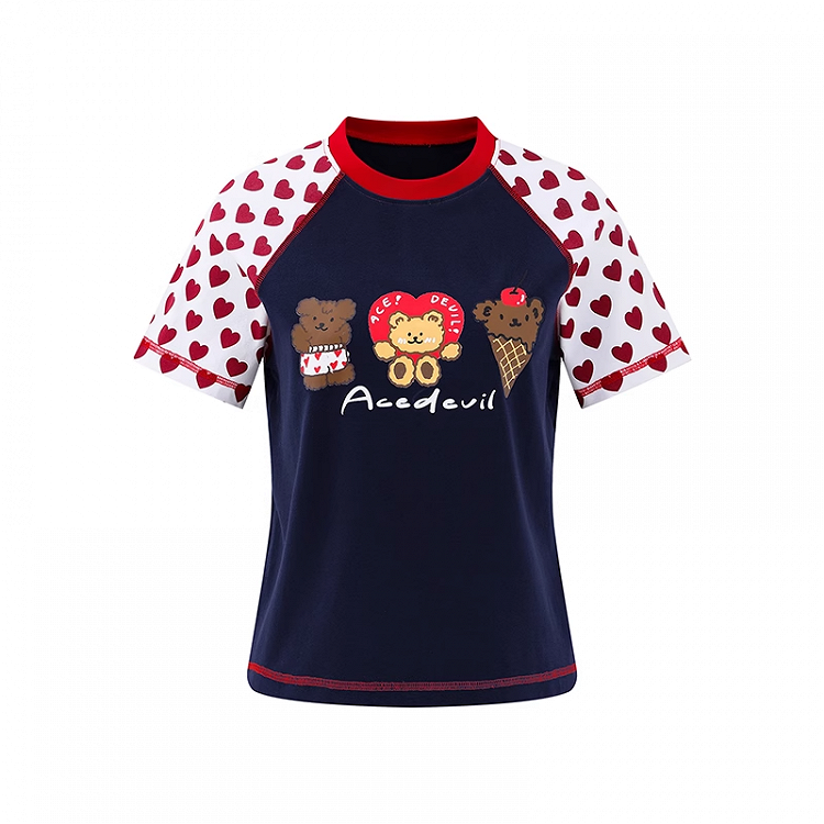 Pattern Navy Blue Colorblock Design Teddy Bear Print T-Shirt Heart