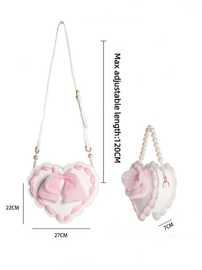 Two with Adjustable Handle Lolita Bag Strap Available Pearl Colors Bow Detail Heart-Shaped