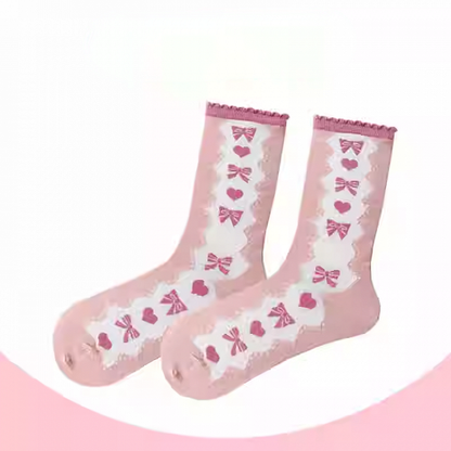 Pink Bow and Heart Pattern Ruffled Cuff Ankle Socks