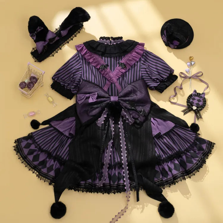 Sweet Pattern Striped Theme Circus Kuromi Vibes Lolita Bunny Purple Dress OP