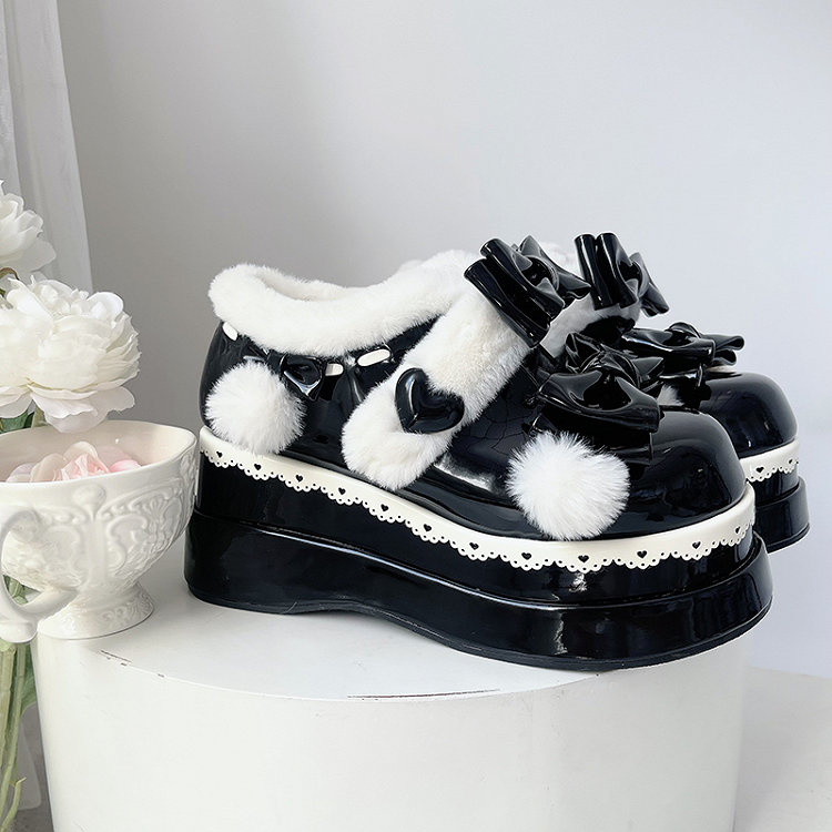 Lolita Black Cute Heart Bowknot Platform Shoes With Pompons