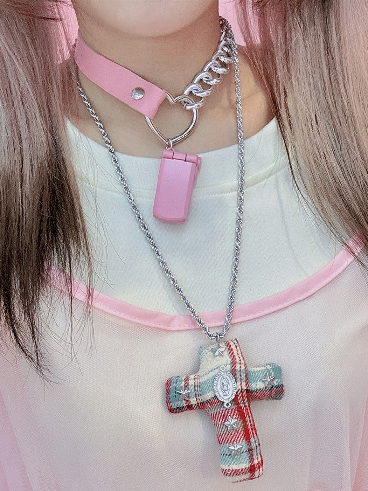 Y2K Blau-Rot-Kreuz Mode Verzierte Gyaru Halskette Stern