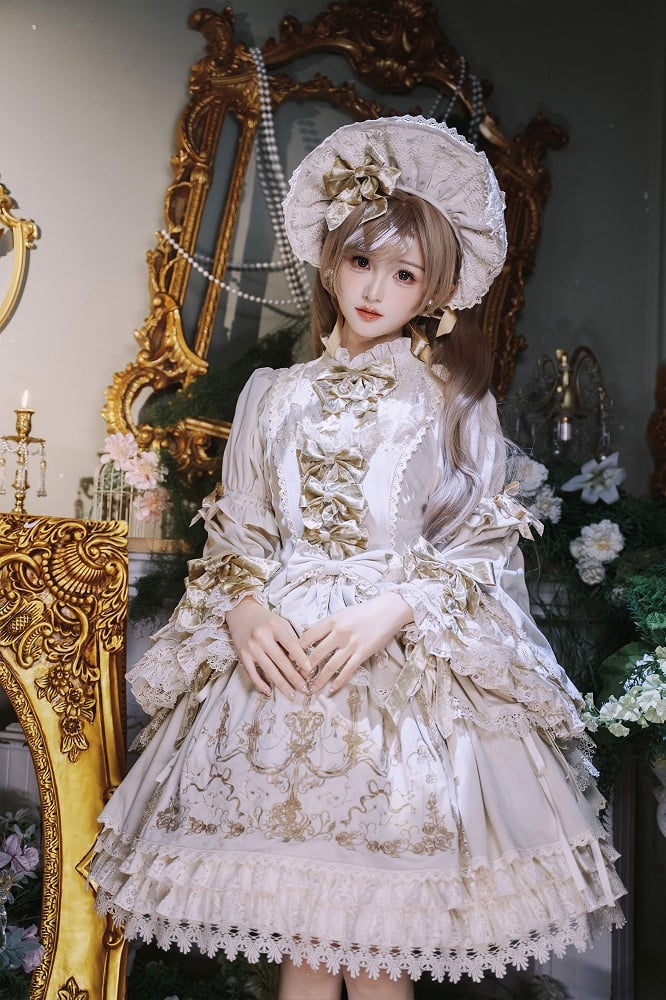 Velvet Candlestick Cream Sleeves Bell Embroidery Dress and Candle