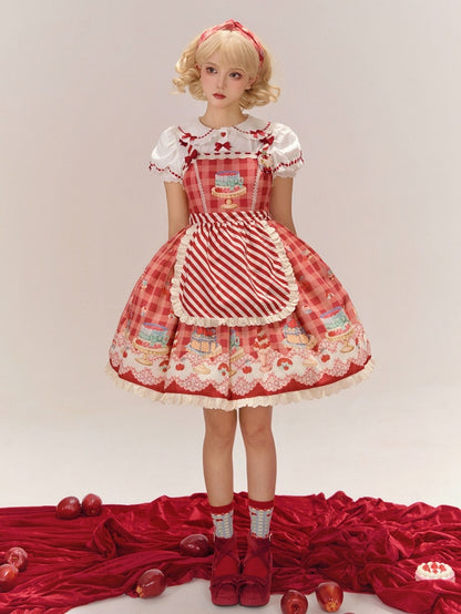 Red Gingham Pattern Cherry and Dessert Sweet Lolita Jumper Skirt
