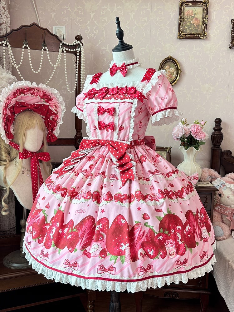 Set Strawberry Dress Sweet Lolita Short Sleeves Full Print Pink