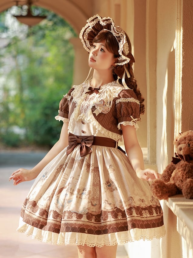 Teddy and Sweet Brown Lolita Print Ruffle Round Dress Neck Kitty OP
