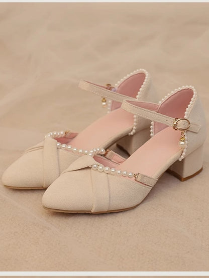 Beige Beads and Back Heel Suede Details Chain Qi Sandals Toe Detachable Lolita with Pointed Mid
