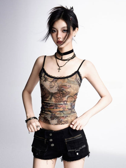 Mesh Cami Top Bittersweet Wasteland Punk Brown Butterfly Print