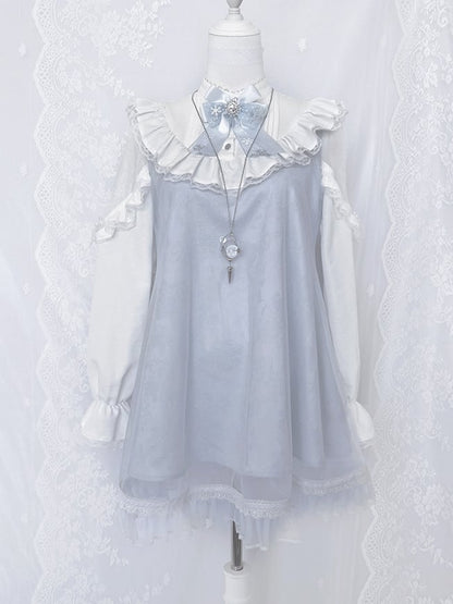 Jirai Kei Light Blue Lace Patch Shoulders Landmine Style Lace Trimmed Long Sleeve Dress