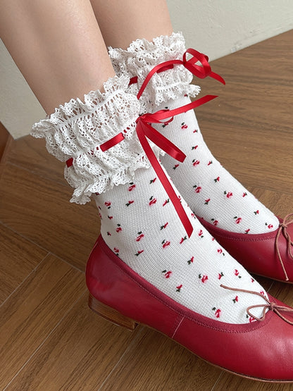 Socken Lolita WeißRoter Besatz Print Spitze Blumen