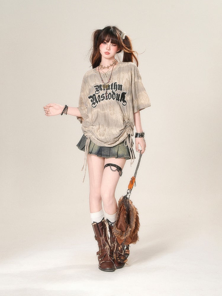 Loose Apricot Letter Print Drawstring Waist Distressed Holes T-Shirt